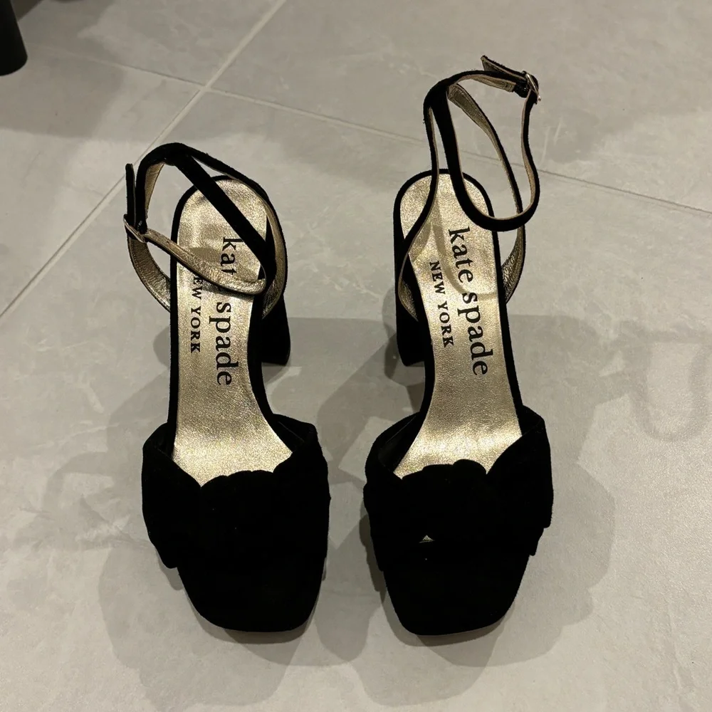 Kate Spade Confetti Platform Sandal Heels Black Suede Size 6.5